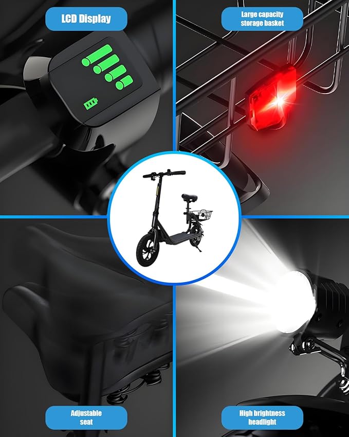 Electric Scooter with Seat & Basket, 350W Motor 12inch Tire Foldable E-Scooter Dual Disc Brakes 260LBS Max Load