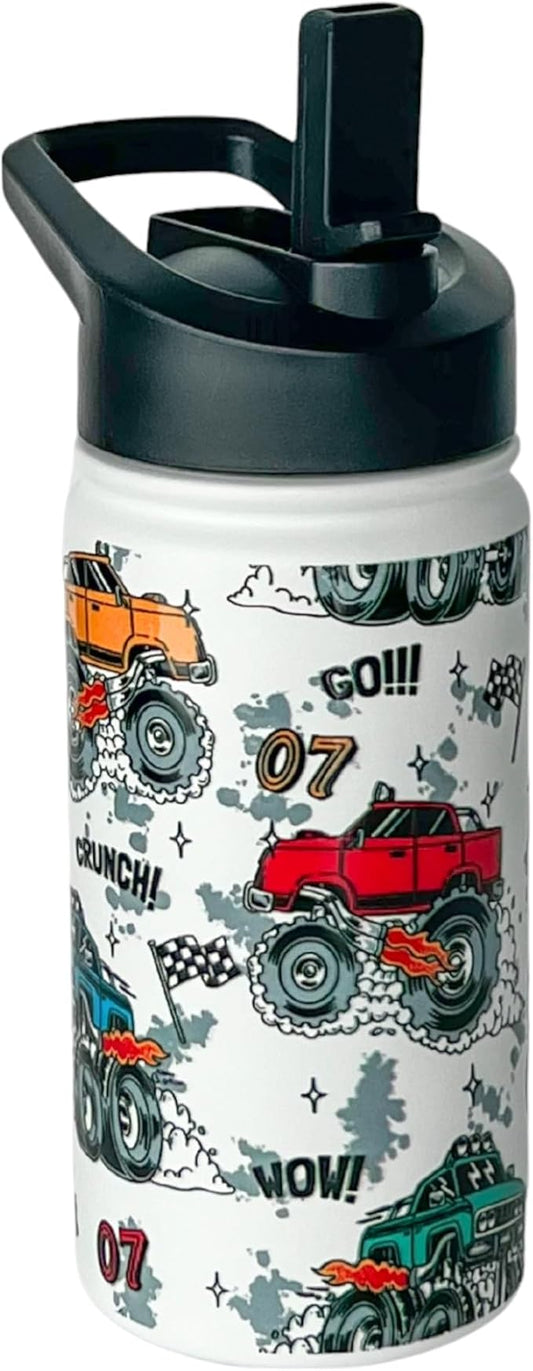 Biddlebee Kids Water Bottle with Straw Lid – 14oz Insulated Stainless Steel Bottle for School – Leakproof Cap with Handle & Touch-Free Spout – For Boys & Girls