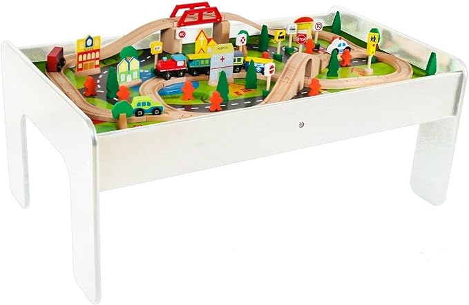 Wooden Train Set with Table 90 Pieces Wooden Kids Activity Toy Table Playset with Reversible Detachable Tabletop, Tracks, Train, Railway, City, Gift for Toddler Boys Girls Ages 3+