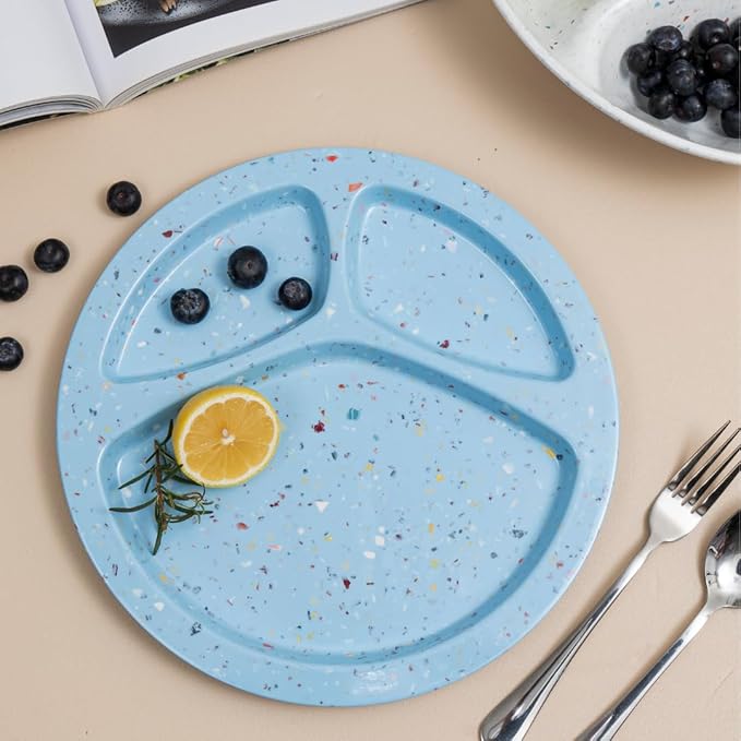bzyoo 11-Inch Divided Plate Set of 2 - Confetti Blue 100% Melamine Portion Control Plate for Adults, Kids Unbreakable, Dishwasher Safe for Camping, BBQ