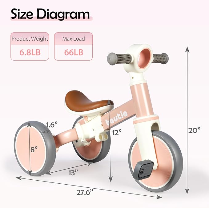 Tricycle for Toddlers 1-3, 4 in 1 Baby Balance Bike 1 2 Year Old Boy Girl Gift, Kids Bicycle Toy with Removable Pedals