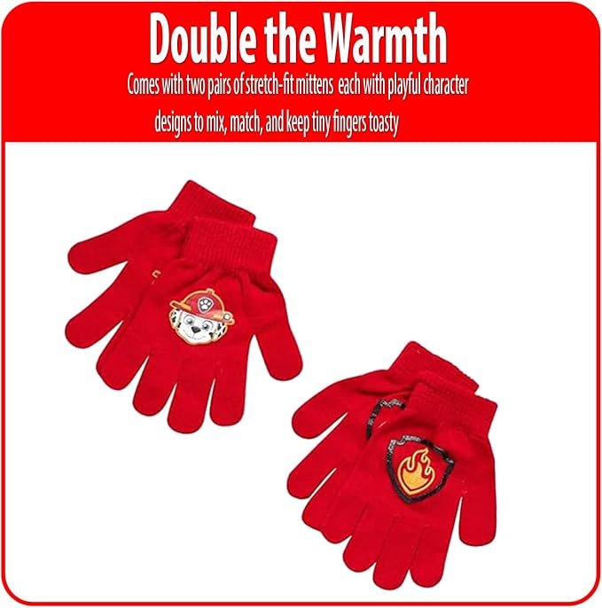 Nicklelodeon Paw Patrol Boy's Winter Hat and 2 Pair of Gloves or Mittens Set (Toddler/Little Boys) Size Age 4-7, Paw Patrol Marshall Glove with Handwarmers