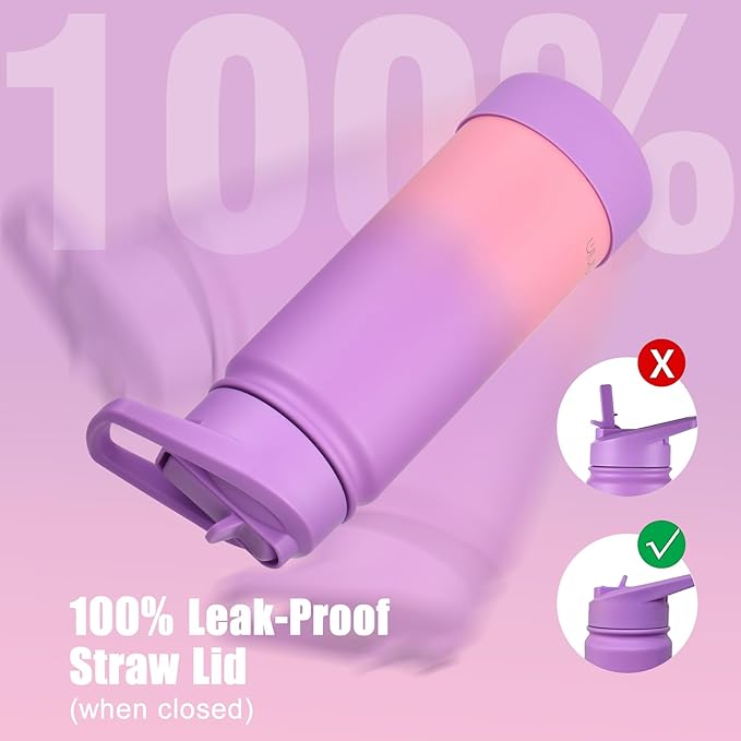 Mininoo Kids Water Bottle for School, 16oz Insulated Stainless Steel Water Bottle Kids with Straw Lid for Girls（Purple/Pink）