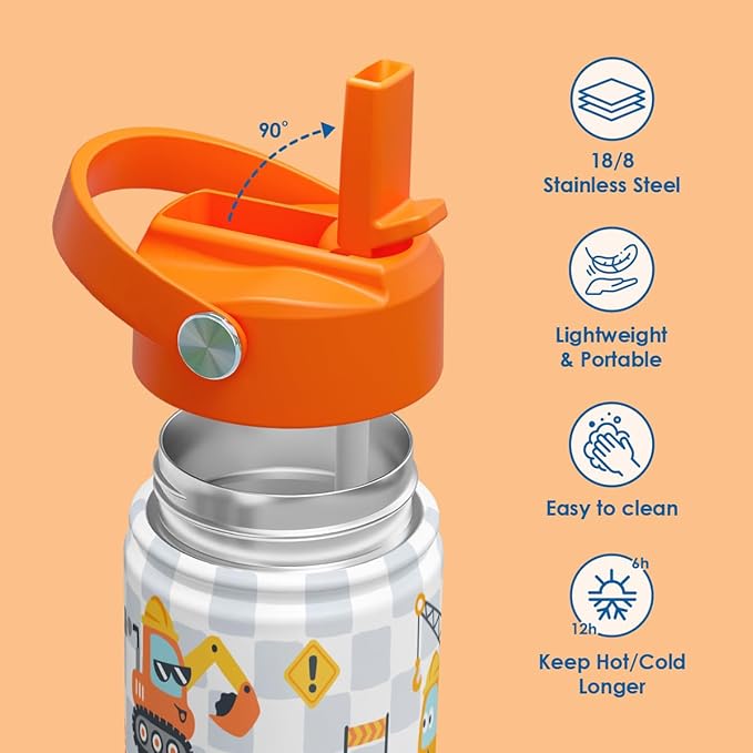 SANDJEST Kid Water Bottle 12oz with Straw Lid - 2-Pack Insulated Stainless Steel Water Bottles for Kids Girls - Travel Cup for School Sports, Construction & Dinosaur