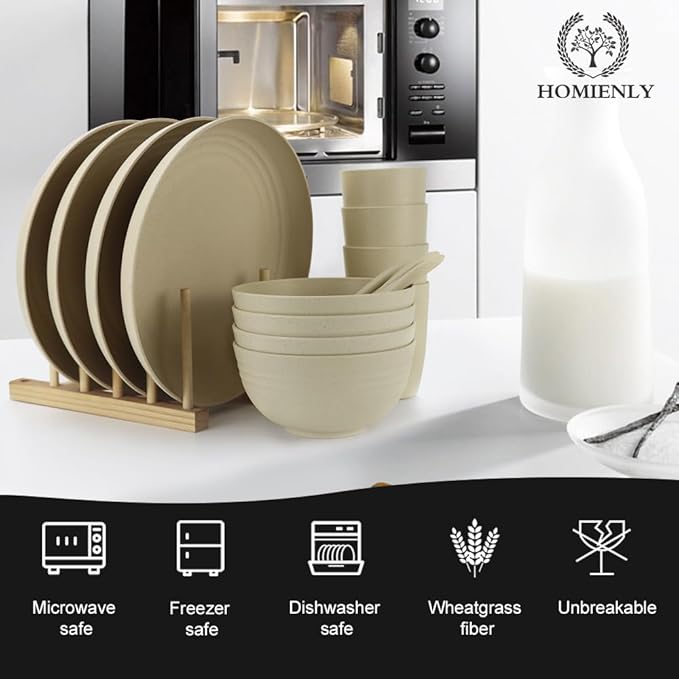 Homienly Wheat Straw Dinnerware Sets, 20pcs Lightweight Unbreakable Dinnerware, Microwave Dishwasher Safe Bowls Cups Forks Spoons set,Perfect for Camping Outdoor, Beige