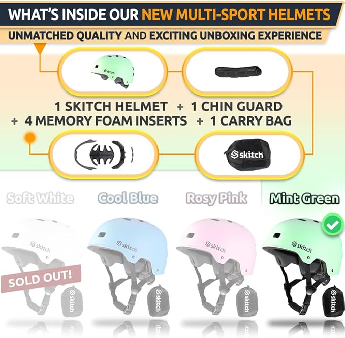 SKITCH Skateboard Helmet for Kids and Teens with Premium Grade Memory Foam Padding | Triple Certified Adjustable Protective Sport Head Gear for Scooter Roller Skate Inline Skating and Rollerblading