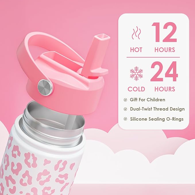 Pink Leopard Print Kids Water Bottle With Straw Lid 12oz Insulated Stainless Steel, Travel Tumbler, Gifts For Girls, Birthday, Christmas, Back To School