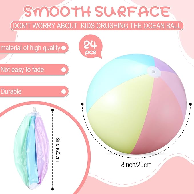 24 Pcs Inflatable Beach Balls Bulk Pastel Color Jumbo Big Macaron Beach Balls for Adults Summer Swimming Pool Water Games Party Favor(8 Inch)