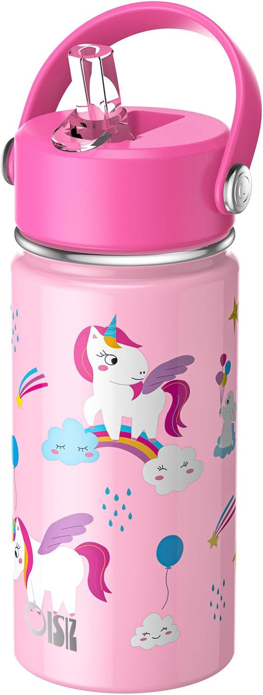 OISIZ Kids Water Bottle with Straw Lid 14oz, Vacuum Insulated 316 Stainless Steel Water Bottles for Kids for School, Leakproof Water Bottle, BPA Free and Keep Cold for 24 Hours