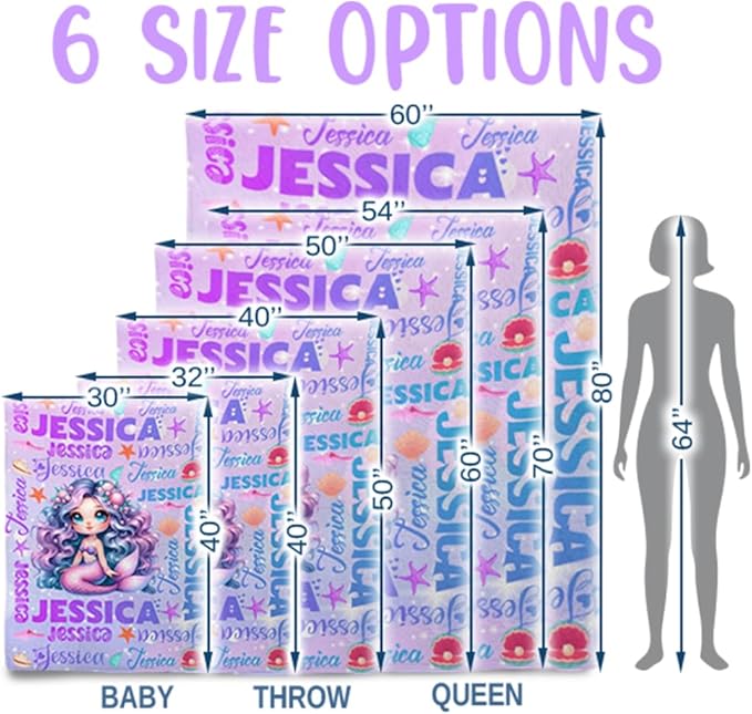 Custom Girl Blanket with Name Personalized Cute Mermaid Blanket for Newborn Customized Soft Flannel Throw Blanket Memorial Gift for Toddler on Birthday Baby Shower Christmas