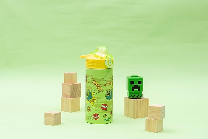 Zak Designs Minecraft Sage Kids Water Bottle For School or Travel, 14oz Stainless Steel Water Bottle With Straw, Handle, and Leak-Proof, Pop-Up Spout Cover (Creeper)