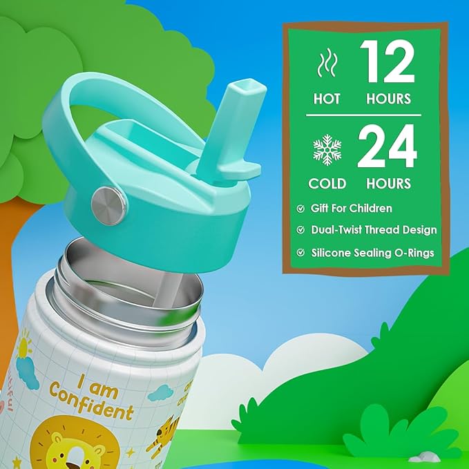 Animal Water Bottle 12oz for Kid Stainless Steel with Straw Lid, Kids Water Bottle, Travel Tumbler, Inspiration Gifts for Girls Boys, Birthday Christmas Back To School