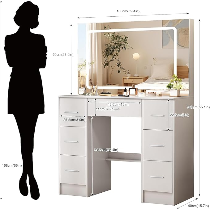 39.4''W Vanity Desk with Large Lighted LED Mirror, White Vanity Desk with Lighted Mirror, Drawers, 3-Color Adjustable Brightness, Big Makeup Vanity Desk Dressing Table for Bedroom, Girls, Women