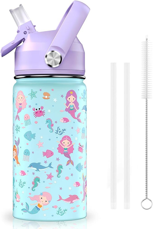 14oz Kids Insulated Water Bottle with Straw Lid - 18/8 Stainless Steel Kid Cup Travel Tumbler Double Wall Vacuum Leak Proof Portable Toddler Water Bottle (Mermaid)