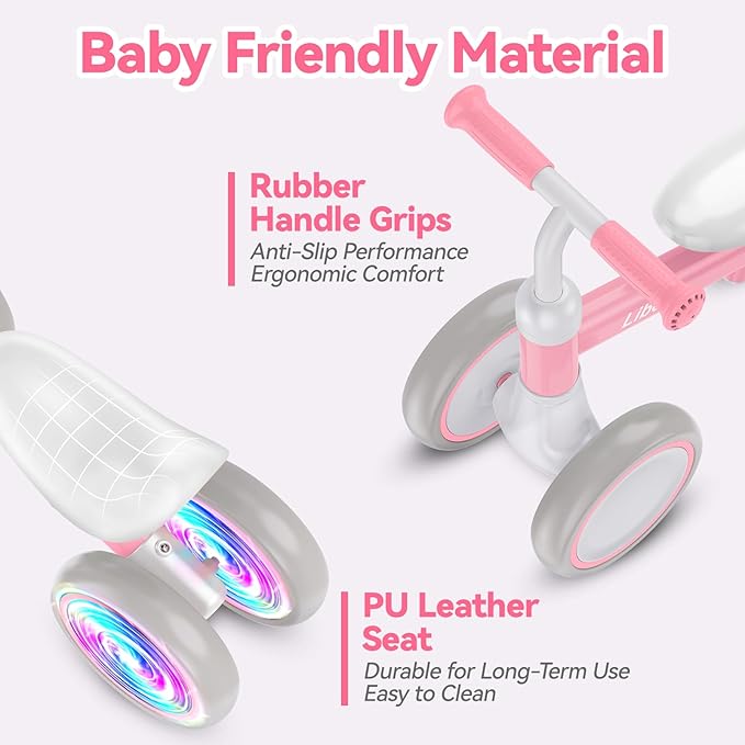 Liberry Light-Up Baby Balance Bike with Adjustable Seat, Toddler First Ride-On Toy for 1-2 Year Old, Girls Christmas & Birthday Gift