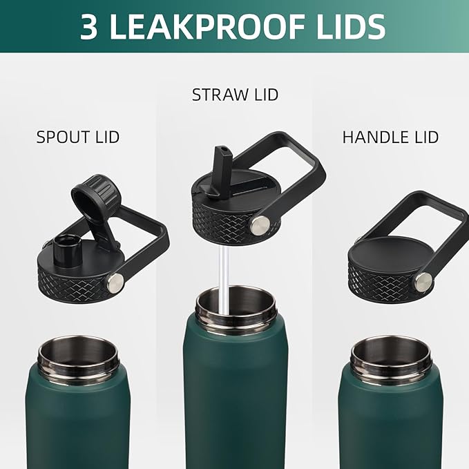 20oz Insulated Stainless Steel Water Bottle with Straw and 3 Lids, BPA-Free Sports Water Bottle,travel water bottle,Green