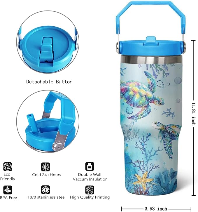 30 Oz Sea Turtle Tumbler with Handle Lid and Flip Straw,Double Wall Vacuum Stainless Steel Watercolor Ocean Turtle Cup,Water Bottle,Travel Coffee Mug,Hawaiian Sea Turtle Decor,Accessories