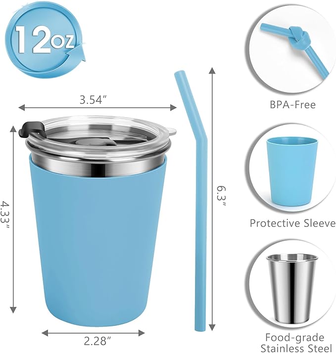 Kids Cups with Straws and Lids Leak Proof, 12oz Sippy Cups for Toddlers 1-3, Spill Proof Cup Stainless Steel Kids Cups with Lids for Home School, Outdoor, 4 Pack