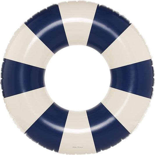 Petites-Pommes Tire Inner Tube for Adults - Durable Swim Ring, Handprinted Classic Striped Design Round Pool Floats, Soft Comfort Seaming, Packable Floats for Travel, Dark Blue, 47 inch