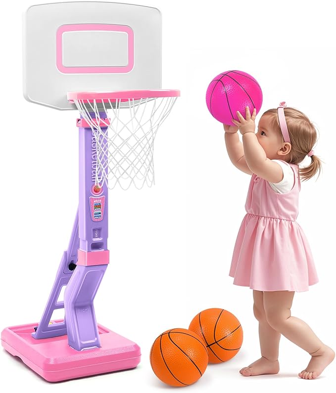 Toddler Pink Basketball Hoop Indoor Set for Age 1-3 2-4 3-5,Adjustable Mini Basketball Hoops for Outdoor Poolside Play,Sport Toys for Little Boys Girls Birthday Gifts