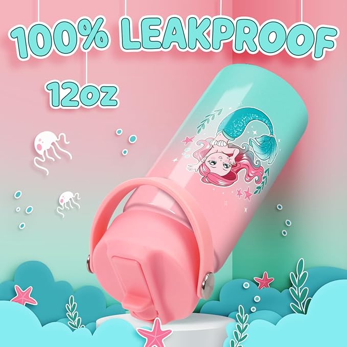 Mermaid Water Bottle for Girls - Kids Water Bottle with Straw Lid - 12 Oz Insulated Stainless Steel Water Bottles - Travel Cup for School Sports