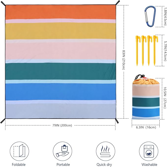 Beach Blanket Waterproof Sandproof Beach Mat 79" X 83"/10'x9'for 2-8 Adults Quick Drying Outdoor Picnic Mat Beach Accessories for Travel, Camping, Hiking