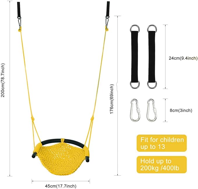 JKsmart Swing Seat for Kids Heavy Duty Rope Play Secure Children Swing Set,Perfect for Indoor,Outdoor,Playground,Home,Tree,with Snap Hooks and Swing Straps,440 lbs Capacity, Yellow