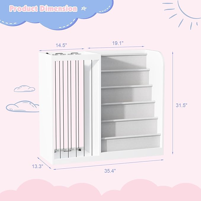 White Kids Bookshelf & Stuffed Animal Net Holder Plush Toy Storage Organizer Child Bookcase Toddler Baby Sling Book Rack for Playroom Bedroom Nursery Infant Boys Girls Classroom