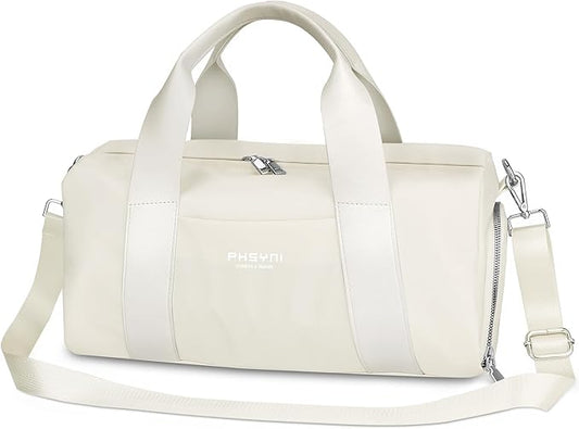 Compact Sports Gym Bag for Women, Cute Mini Duffle Bag with Wet Pocket & Shoes Compartment, Personal Item Travel Workout Bag, 16"-Small, Beige