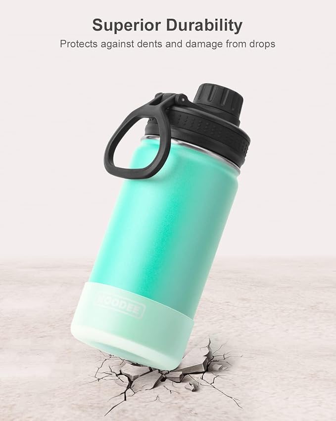 koodee Small Water Bottle 12 oz Stainless Steel Vacuum Insulated Wide Mouth Water Flask with Leakproof Spout Lid (Teal)