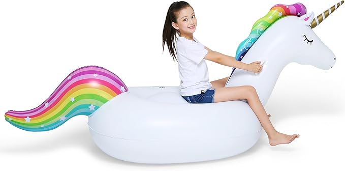 Jasonwell Big Inflatable Unicorn Pool Float Floatie Ride On with Fast Valves Large Rideable Blow Up Summer Beach Swimming Pool Party Lounge Raft Decorations Toys for Kids Adults