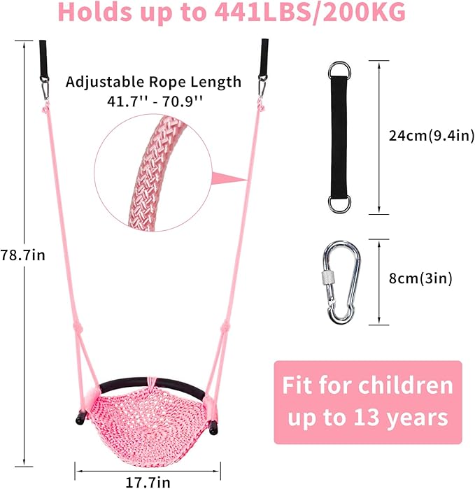 Hi-Na Kids Tree Swing Seat for Kids Rope Swing Seat, Indoor Swing for Kids Outdoor, Backyard Swing Tree Swing Seat Door Swing (Pink)