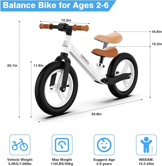 Ridego 12 Inch Balance Bike for Kids 2-4 Year Old,Lightweight Kids Bike with Adjustable Seat, Push Bicycle with Air Rubber Tires，Ride-on Toys Birthday Gift