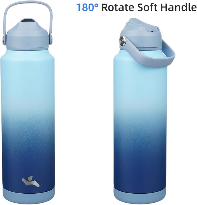 Insulated Water Bottle with Straw Lid,40 oz Stainless Steel Vacuum Metal Bottle with Silicone Handle, Sky