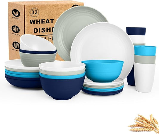 Wheat Straw Dishes Sets for 8, Reusable Plastic Dinnerware Sets 32-Piece, Plates Set, Bowls Set, Tumblers, Microwave Safe Plate and Bowl Set for Dinner,Kitchen, Camping - Island Series