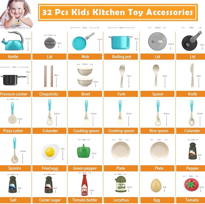 Bruvoalon 32Pcs Kids Play Kitchen Toys Set, Toddlers Pretend Cooking Playset Acccessories with Pots Pans, Utensils Cookware, Foods, Canned Veges, Learning Gift for Kids Girls Boys (Turquoise)