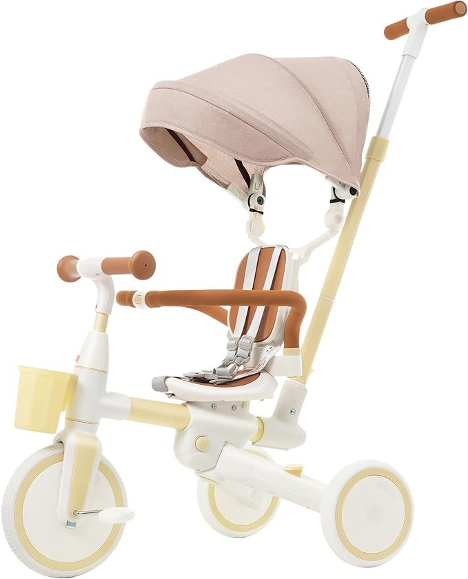 Foldable Kids Tricycle with Adjustable Pedals, Removable Canopy Cup Holder Safe, Portable Toddler Bike Age 18-72 Months
