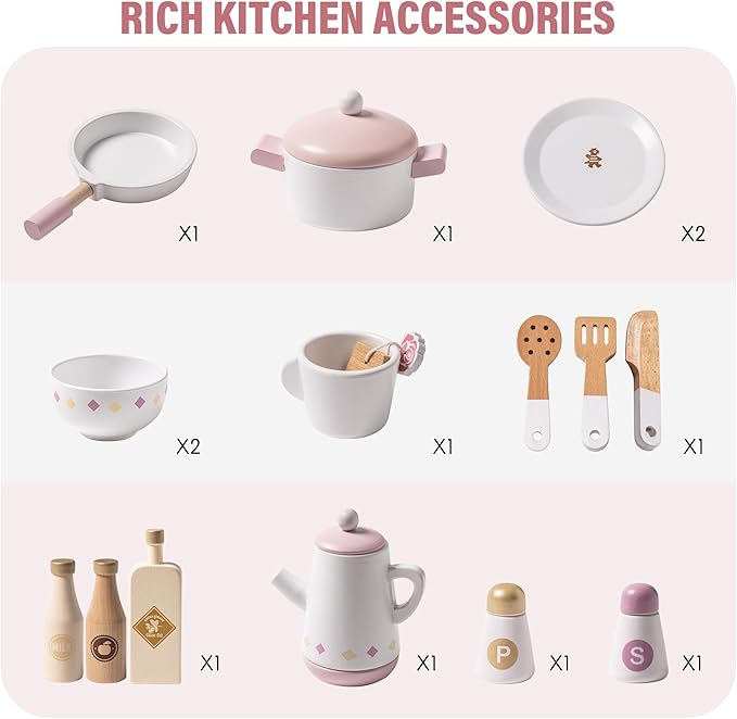 ROBOTIME Wooden Play Kitchen Set, Pretend Play Kitchen Set for Kids with Realistic Design, Kids & Toddlers Kitchen Playset with Dishwasher, Toy Kitchen Set for Boys and Girls Ages 3+ (Pink)