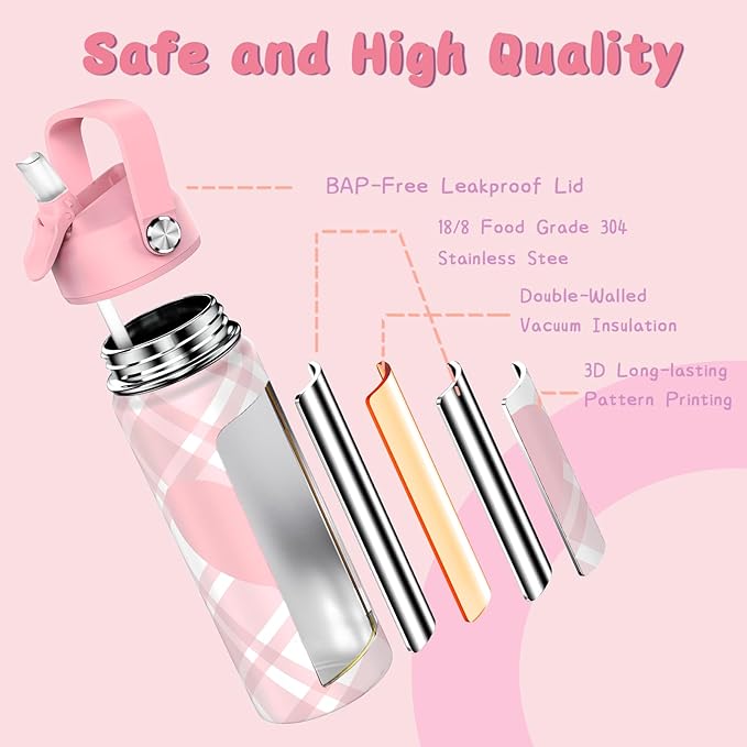 18oz Kids Insulated Water Bottle with Straw Lid - 18/8 Stainless Steel Kid Cup Travel Tumbler Double Wall Vacuum Leak Proof Portable Toddler Water Bottle (Plaid Pink+Green）