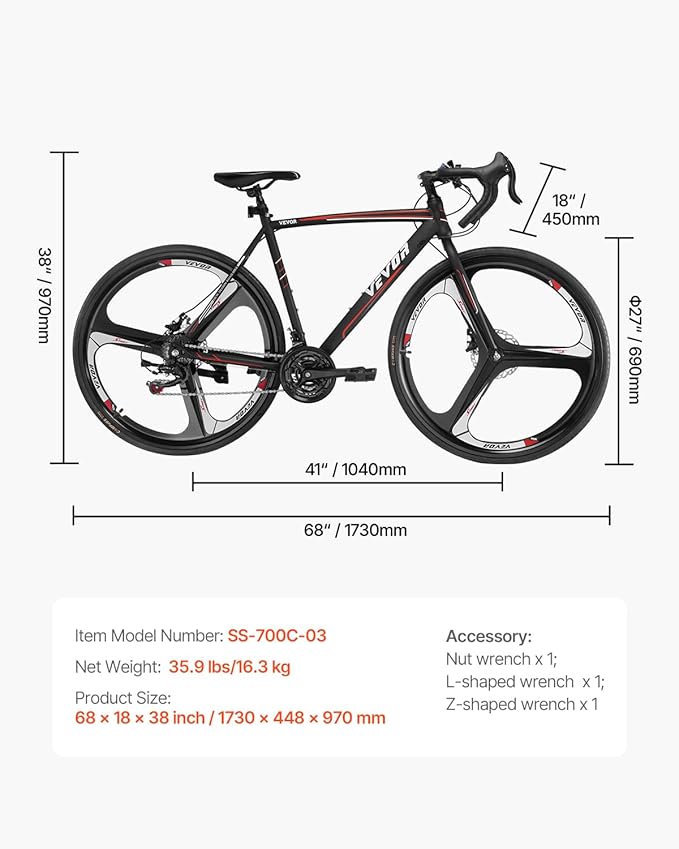 VEVOR Road Bike, 700C Wheels Racing Bike, Shimano Drivetrain City Commuter Road Bicycle, Urban Adult Sport Bicycle with Drop Bar, for Men and Women