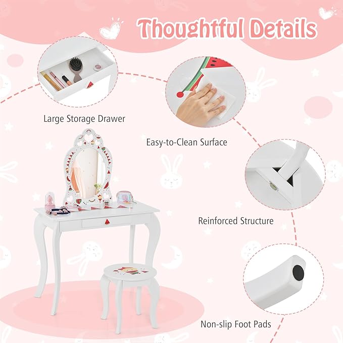 HONEY JOY Kids Vanity, Wooden Vanity Table & Chair Set with Mirror and Stool, Princess Pretend Play Dressing Table w/Detachable Top, Watermelon Theme Toddler Makeup Vanity Set for Little Girls