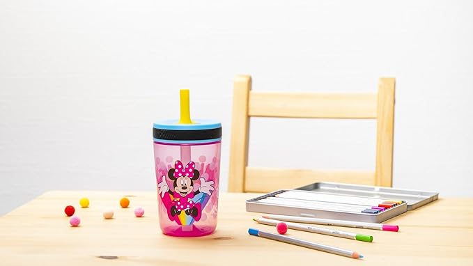 Zak Designs Disney Kelso Tumbler 15 oz Set (Minnie Mouse) Leak-Proof Screw-On Lid with Straw, Made of Durable Plastic and Silicone, Perfect Bundle for Kids