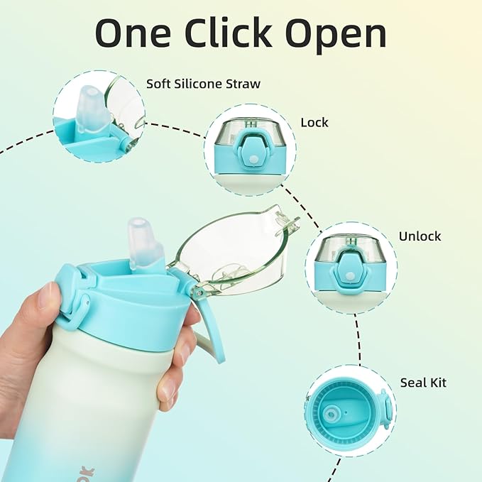 BJPKPK Water Bottle With Straw 14oz Insulated Water Bottles Reusable Stainless Steel Metal Thermo With Leak Proof Lockable Lid And Carry Handle,Mint