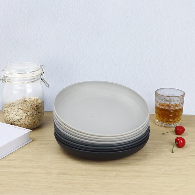 Homienly Deep Dinner Plates Set of 8 Alternative for Plastic Microwave and Dishwasher Safe Wheat Straw Kitchen Unbreakable Kids with 4 Colors (Stone Grey, 8 inch),(Deep plates-8)
