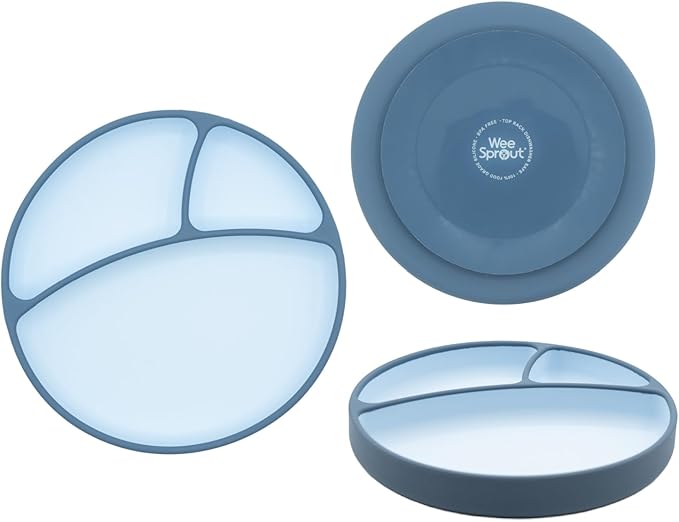 WeeSprout Silicone Suction Plate - Two-Tone Baby Plate with Suction Cup - Sectioned Divided Dish for Kids, Infants, Toddlers - Food-Grade Silicone Dinnerware (Pastel Blue/Matte Navy)