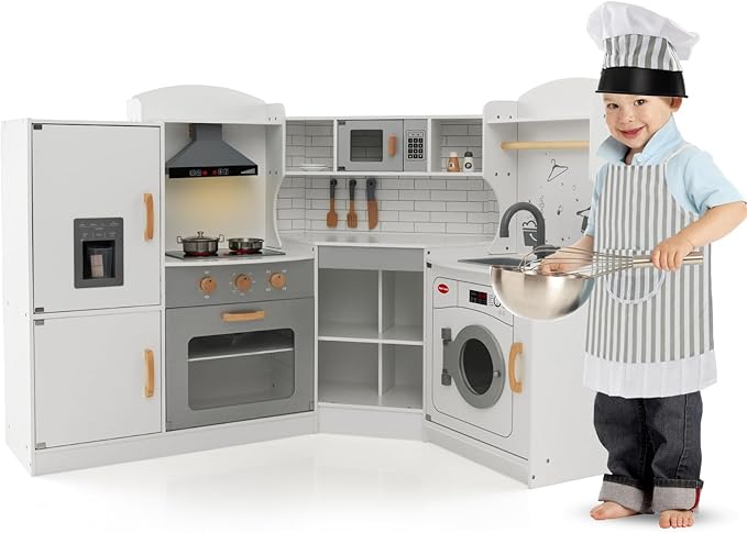 GLACER Corner Kids Kitchen Playset, Wooden Play Kitchen with Washing Machine, Ice Maker, Microwave, Oven, Sink & Facet, Pretend Toy Kitchen Set with Sounds & Lights for Toddler