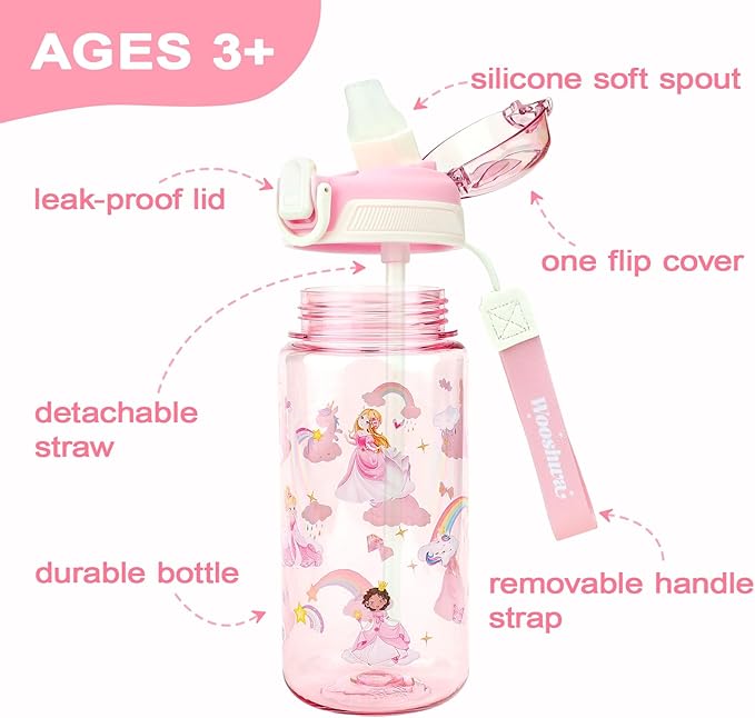 Kids Water Bottle for School or Travel, 20 Oz 2 Pack Durable Plastic Water Bottle with Silicone Straw and Pop-Up Spout Cover, BPA Free & Dishwasher Safe(Mermaid & Princess)