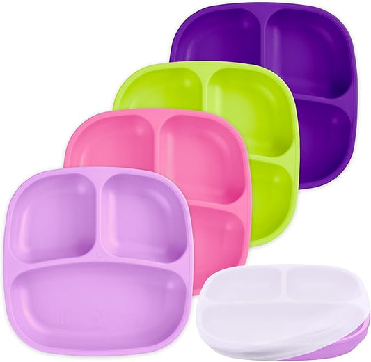 Re-Play Toddler Plates with Dividers - Deep-Walled 3 Compartments Divided Plates for Kids - Dishwasher & Microwave Safe - Made in USA - Set of 4-7.37" x 7.37" x 1.25" - Butterfly