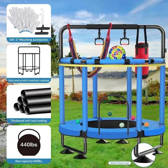 Trampoline for Kids, Upgrade Full Anti-Rust 440lbs Indoor Outdoor Toddler Trampoline with Net, 55" Adjustable Baby Toddler Trampolines Accessories with 8 Toys Dart Board