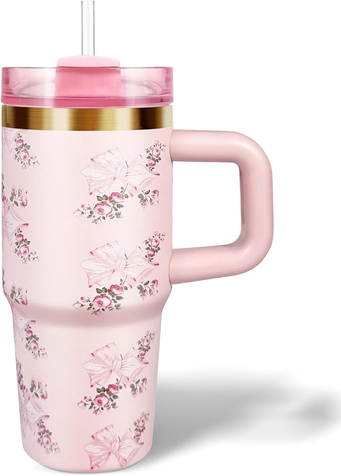 14 oz Tumbler with Handle and Straw, 14oz Toddler Tumbler with Lid and Straw for Kids Stainless Steel Tumblers, Outdoor Sports Travel School Gift, Keeps Drinks Cold up to 24 Hrs(Pink bow)
